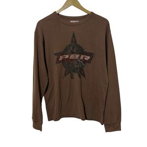 PBR Size XL Men’s Brown Waffle Knit Graphic Long Sleeve Shirt Y2K Style Western